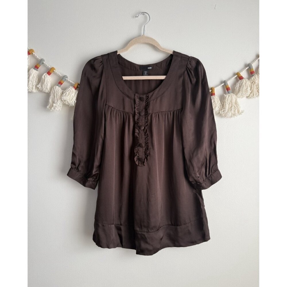 H&M VTG Satin Silky Chocolate Brown Button Down Top Coquette Cottage Y2k 4